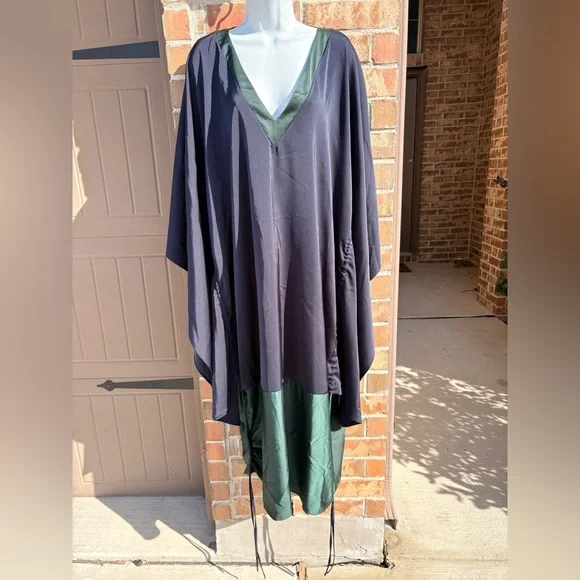 Faari Elegant Navy and Green V-Neck Kaftan Dress Large - Picture 2 of 7